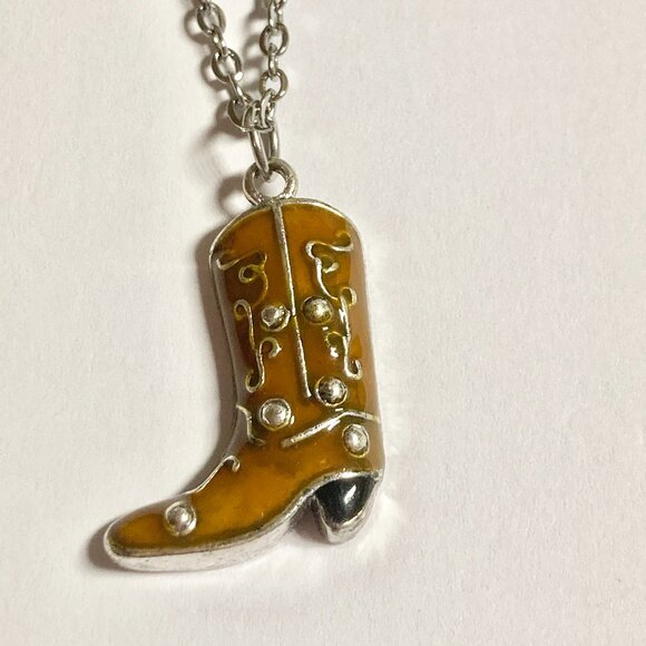 Cowboy Boot Necklace Cowgirl Brown Enamel Country Western Stainless Steel 24" - Picture 4 of 9